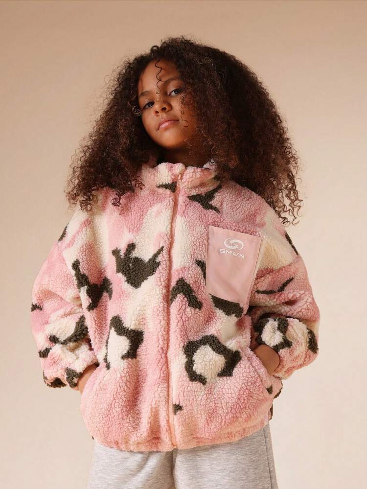 Pink Camo Sherpa Zip Through Jacket With Pockets