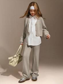 Hanevo Tween Girls' Fashionable Simple Knitted Cardigan And Pants Set - Grey - View 5