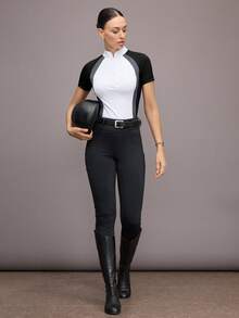 Activina Women's Color Block Raglan Sleeve Half Button Up Fitted Equestrian Jacket - Black and White - View 3