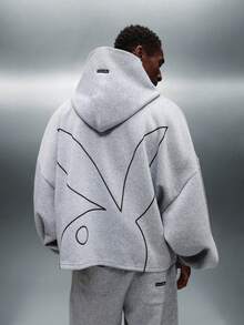 PLAYBOY X SUMWON Casual Oversized Full Zip Graphic Hoodie With Bunny Design Winter Streetwear With Drawstring Hood - Grey - View 1