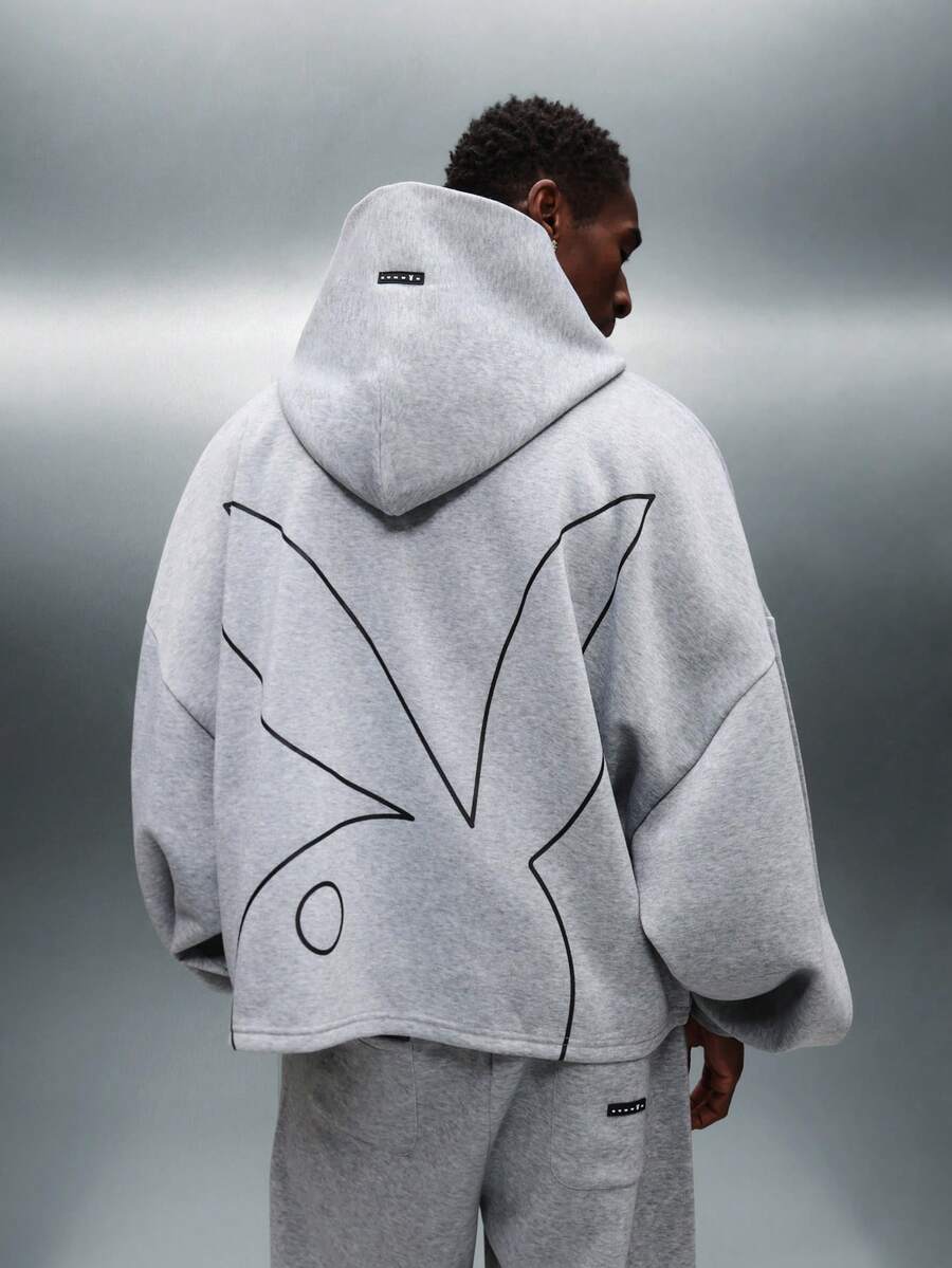 PLAYBOY X SUMWON Casual Oversized Full Zip Graphic Hoodie With Bunny Design Winter Streetwear With Drawstring Hood - Grey - View 1