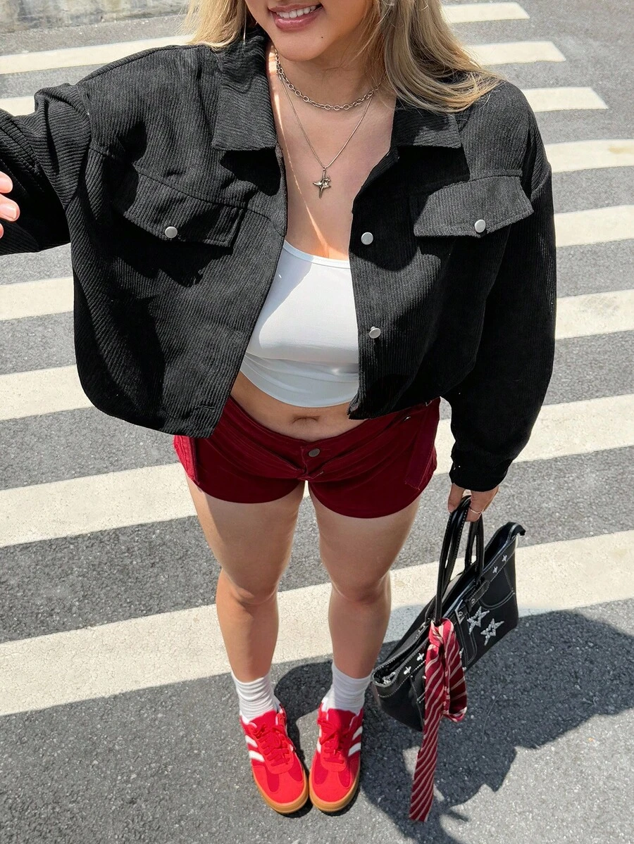 SHEIN EZwear معطف كاجوال فضفاض بأكمام طويلة وياقة منسدلة للنساء المقاسات الكبيرة للربيع والخريف ذو لون واحد - الأسود - مشاهدة 1