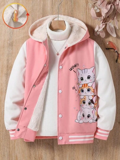 Sparklyn 少女拼色猫咪印花长袖单排扣休闲连帽羊毛夹克，秋冬