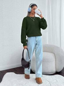 EURMUSE Women Solid Color Round Neck Drop Shoulder Chunky Pullover - Army Green - View 6