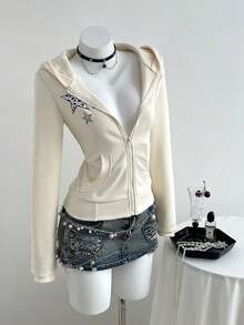 Elamini Women's Leopard Print & Star Graphic Zip-Up Sweatshirt, Casual For Autumn - Apricot - View 4