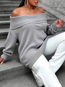 RueChic 大碼一字肩折邊套頭毛衣