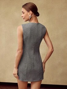 MOTF PREMIUM WOMEN'S WOOL BLEND HERRINGBONE SLEEVELESS MINI DRESS , AUTUMN/WINTER - Grey - View 3