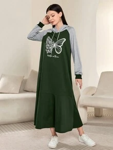 Modelyn Women's Casual Everyday Commute Butterfly & Floral Letter Print Color Block Raglan Sleeve Drawstring Hooded Loose Sweatshirt Dress, Spring/Autumn - Multicolor - View 4