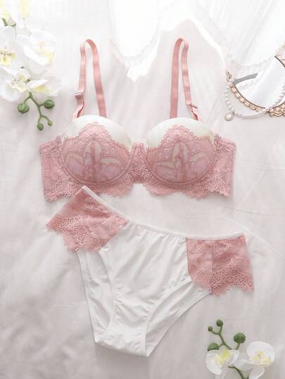 2 st. Rosa Spets Patchwork Bygel Formgjuten Push-Up Balconette Bekvämt Underklädesset
