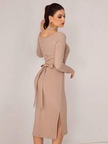 Modelyn Autumn/Winter Crossover Tie Neck Knit Fitted Midi Dress, Khaki Color, Elegant & Fashionable