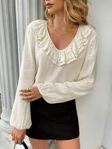 Franclia Women's Cream White Elegant French-Style Double-Layer Ruffled Trim V-Neck Top,Autumn Cotton Fabric Puffed Lantern Sleeves,Tea Party Commuting Wear - Brown - View 5