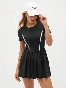 Gameset SHEIN Sport Women's Black Athletic Dress, Short Sleeve Ruffle Hem Sports Dress - Black - View 4