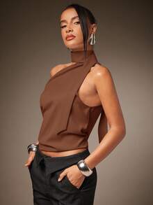 Hauture Sexy Mob Wife Party Casual One Shoulder Neck Scarf Ruched Blouse Top