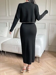 DAZY 女士优雅两件套：长袖开衫和无袖修身针织连衣裙，秋冬 - 黑色 - 查看 7