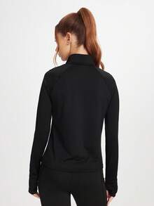 SHEIN Sports Damen Outdoor Athletik Jacke mit Reißverschluss und Daumenöffnungen - leichte Stretch Trainings-Jacke, Langarm Lauf- und Yoga Top - Schwarz - Übersicht 2