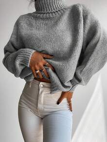 Cloudara Jersey cuello alto de manga raglán tejido de canalé - Gris - Ver 5