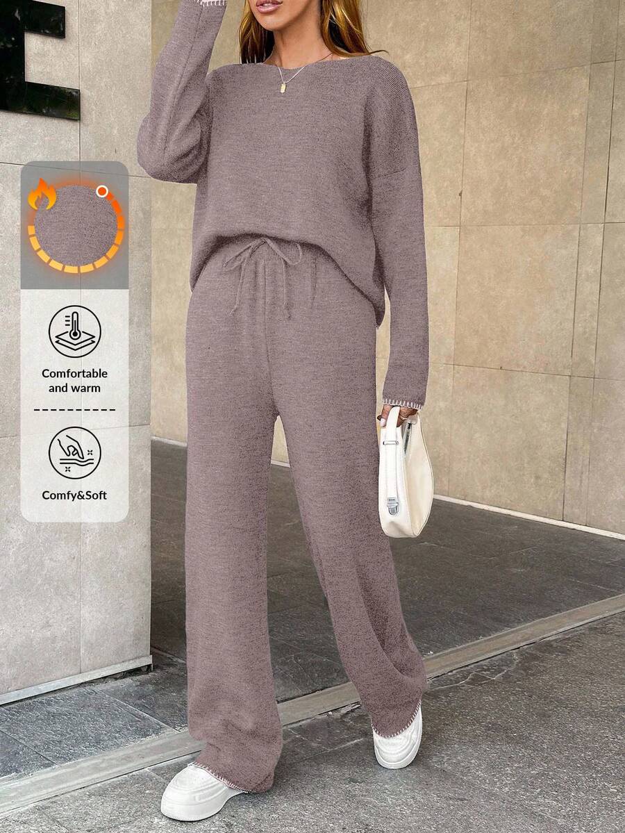 EURMUSE Women's Knitwear Co-Ords With Stitch Detail - Dusty Pink - View 1