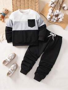 SHEIN 2pcs Young Boy Contrast Color Round Neck Long Sleeve Pocket Sweatshirt And Sweatpants Casual Suit, Autumn - Black - View 1