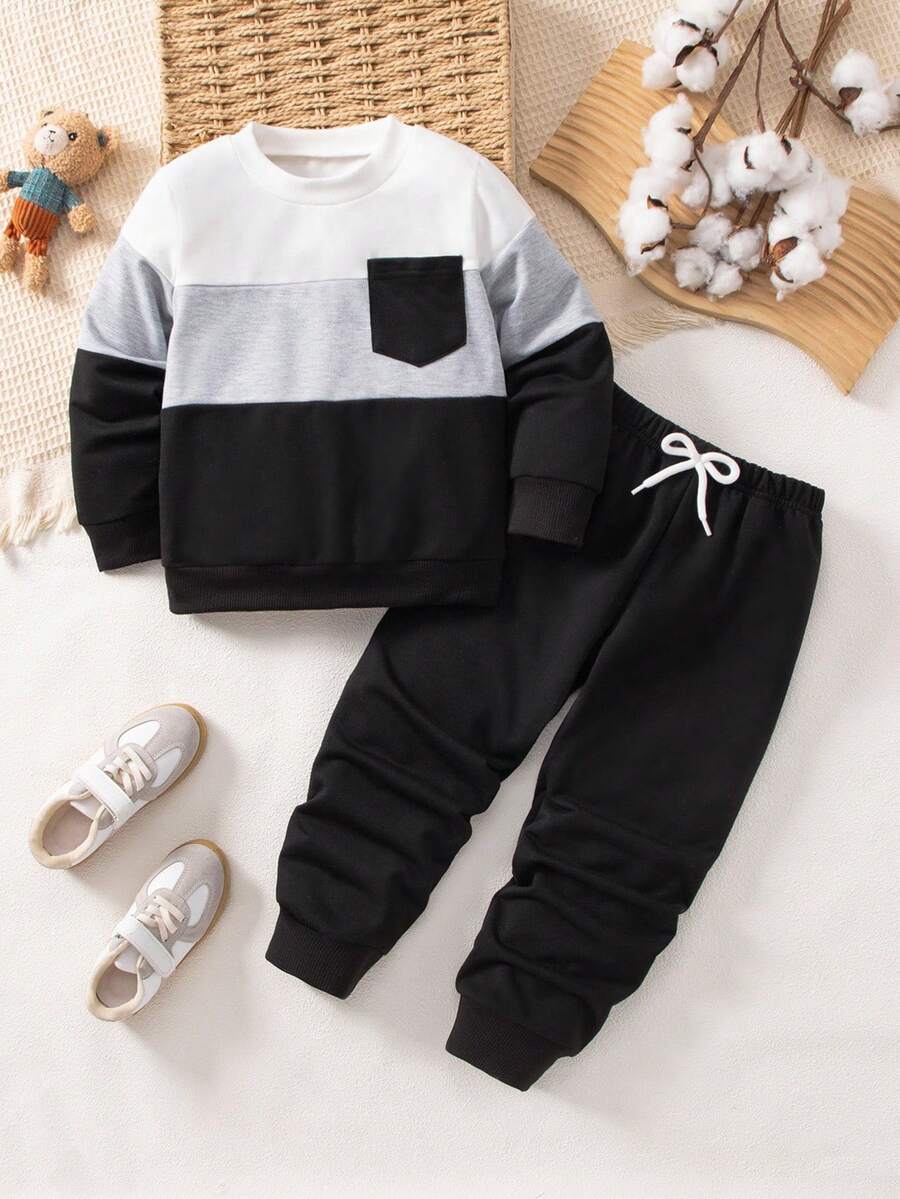 SHEIN 2pcs Young Boy Contrast Color Round Neck Long Sleeve Pocket Sweatshirt And Sweatpants Casual Suit, Autumn - Black - View 1