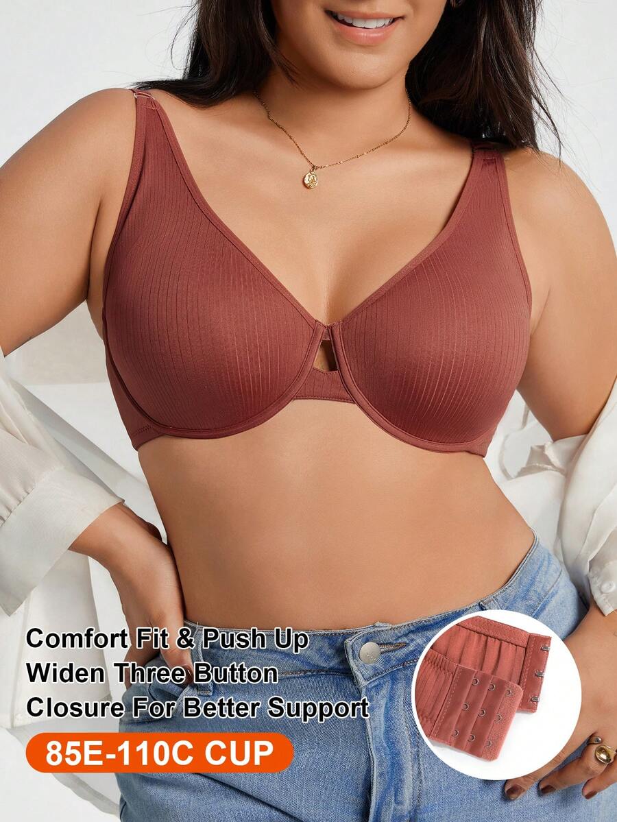 SHEIN 1 件加大码纯色舒适支撑文胸，提升 - 亮橙色 - 查看 1
