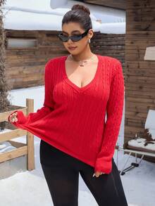 SHEIN EZwear Plus Size Vintage Cable Knit Pullover Sweater, Autumn/Winter Fall
