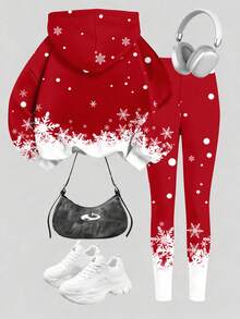 SHEIN Conjunto de sudadera con capucha y leggings con estampado de renos, copos de nieve, muñeco de nieve y árbol de Navidad, casual, cómodo, grueso y suave, corte holgado, manga larga, adecuado para uso diario en otoño, fiesta de Navidad, estilo callejero, hogar