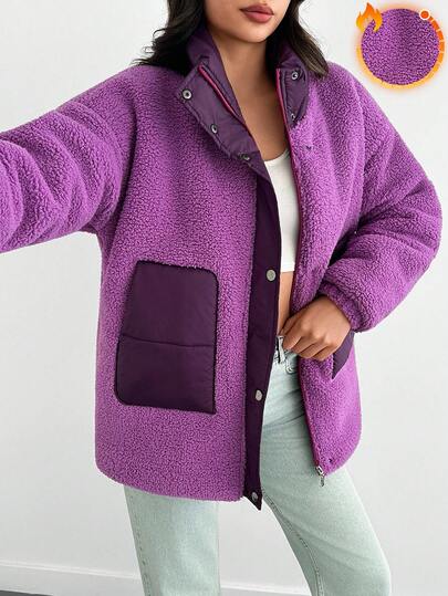 SHEIN Tall Tall Size Teddy Pocket Detailed Winter Coat Womens Purple Jacket Purple Fleece Jacket Purple Teddy Jacket Oversized Purple Jacket