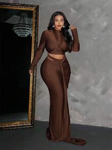 Maweii Plus Size Women's Sexy Twist Tie Long Sleeve Crop Top And Hollow Lace-Up Waist Skirt Set, Autumn - Rust Brown - View 3
