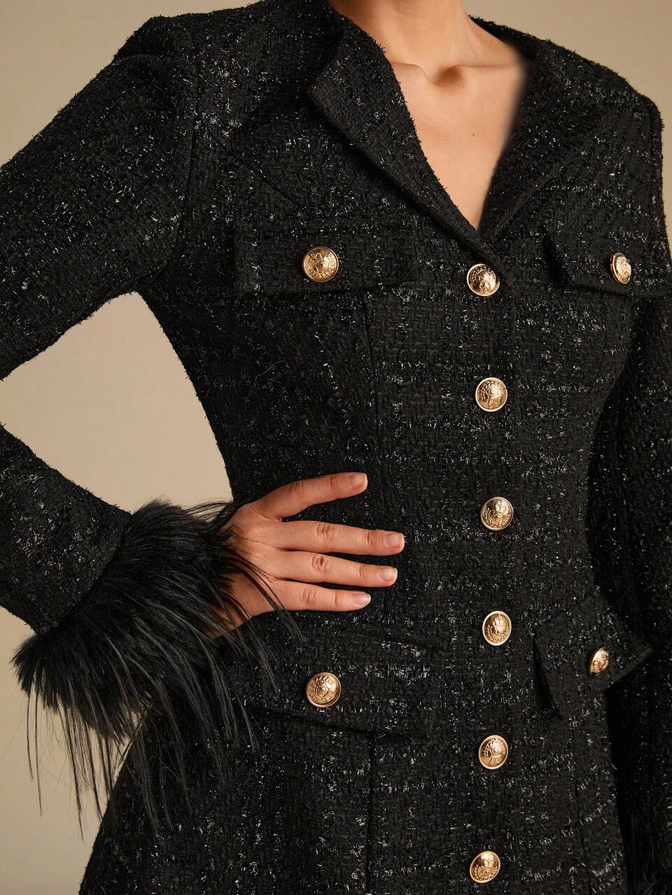 Enchnt Elegant Black Gold Floral Tweed Dress,Long Sleeves Metallic Buttons Autumn Winter Dress For Dinner,Party,Dates,Holidays,Christmas,New Year's Wear