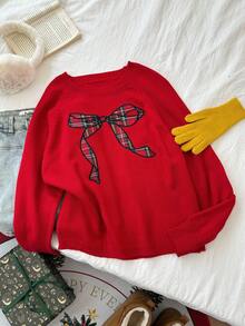DAZY Tween Girls' Christmas Round Neck Bow Embroidered Sweater,New Year - Red - View 2
