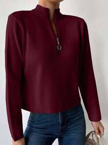 EURMUSE Women's Solid Color Zip-Up Half-Placket Long Sleeve Casual Sweater - Burgundy - View 4