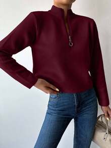 EURMUSE Women's Solid Color Zip-Up Half-Placket Long Sleeve Casual Sweater - Burgundy - View 5