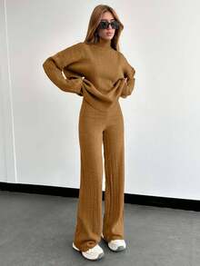EURMUSE Solid Color Long-Sleeved Sweater And Knitted Trousers Two Pieces Set,Petite,Winter Clothes - Brown - View 4