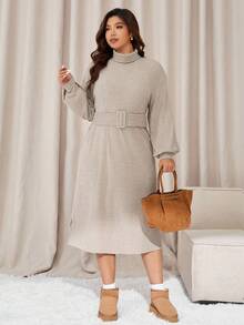 Auralis Vestido casual de manga larga y cuello alto de unicolor para mujer de talla grande