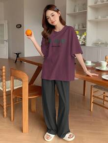 DAZY 2 件套女士休闲星星印花宽松短袖上衣和裤子睡衣套装 - 紫色 - 查看 4