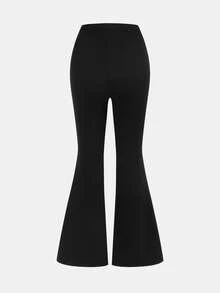 SHEIN 青少年女孩高腰弹力紧身喇叭裤，休闲简约，运动装，家居服，街头装，百搭黑色喇叭紧身裤 - 黑色 - 查看 6