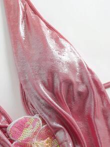 Swim Oasis 女士沙滩装 - 金属亮粉色比基尼套装，深垂领，褶饰腰部超长裙，时尚度假休闲性感甜美 3 件套比基尼超长裙套装 - 藕粉色 - 查看 7