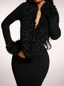 Radiana Women's Sexy & Elegant Burgundy Faux Fur Patchwork Fitted Mermaid Maxi Dress Black Dresses For Women Long Dresses Slay Diva Dress Long Black Elegant Dress Long Sleeve Elegant Dress Bodycon Maxi Dress Women Ribbed Faux Fur Trim Dress Black Church Dress Women,Dresses For Women Elegant - Black - View 3