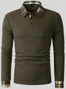 Manfinity Homme 男士格子拼接长袖休闲通勤 Polo 衫，黑色和卡其色长袖 Polo 衫，适合日常休闲、周末旅行、户外活动、探险旅行、轻松的工作环境或半正式场合，可作为男友/丈夫礼物、周年纪念礼物，秋季必备。 - 軍綠色 - 查看 4