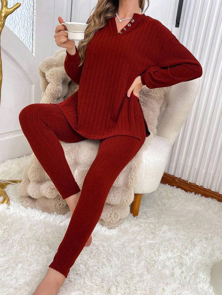 Solid Color Textured Half-Zip Top & Pants Women's Loungewear Set, Winter Clothes - Red - View 1