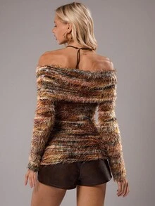 SHEIN TRNDY 1pc Women's Casual Commuter Turtleneck Off Shoulder Tight-Fitting Waist Long Sleeve Elegant Top, Brown