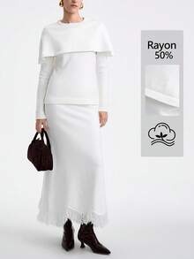 SHEIN LUNE Bộ đồ dệt kim hai mảnh cổ tròn tay dài ôm sát thanh lịch dành cho nữ và váy chữ A tay dài tua rua, thu/đông - trắng - Xem 1