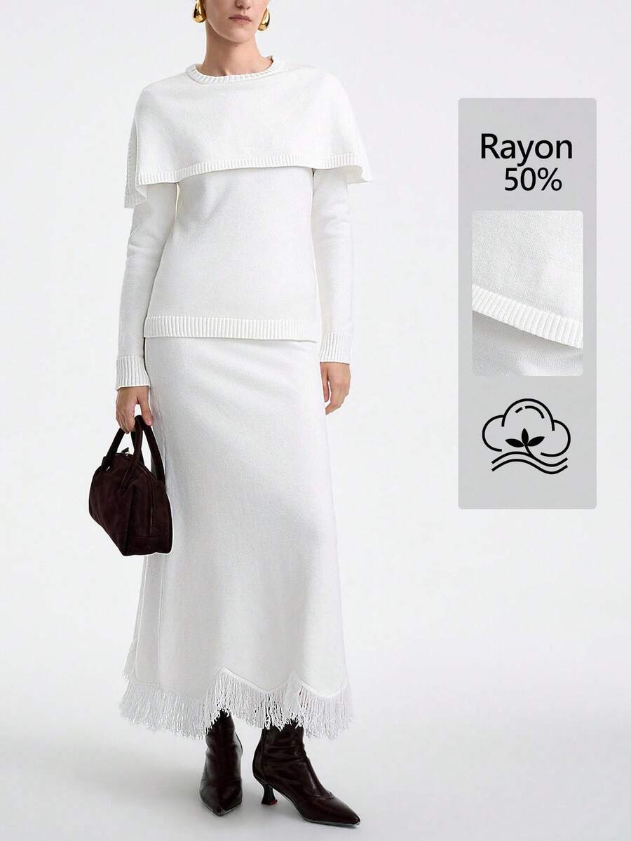 SHEIN LUNE Bộ đồ dệt kim hai mảnh cổ tròn tay dài ôm sát thanh lịch dành cho nữ và váy chữ A tay dài tua rua, thu/đông - trắng - Xem 1