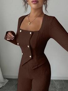 Elenzga Women Dark Brown 2 Pieces Set,Elegant Double-Breasted Fitted Blazer & High Waist Straight Leg Pants,Fall Winter Birthday Party Commuter Style Outfits - Brown - View 5