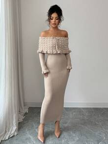 Rafferiza 女士纯色蝴蝶结长袖弹力修身露肩毛衣裙，法式优雅珍珠装饰露肩大翻领针织连衣裙，秋冬针织长裙，返校毛衣裙，音乐节，圣诞节，仙女裙，秋季婚礼宾客礼服 - 駝色 - 查看 3