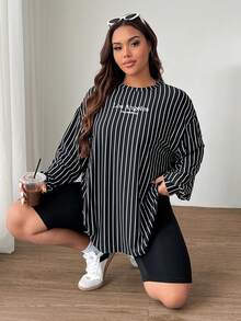 SHEIN EZwear Plus Size Women Letter Embroidery Striped Casual Long Sleeve T-Shirt Dress, Basic Loose Fit Plus Size Tee Top For Daily Commute, Sports, Campus