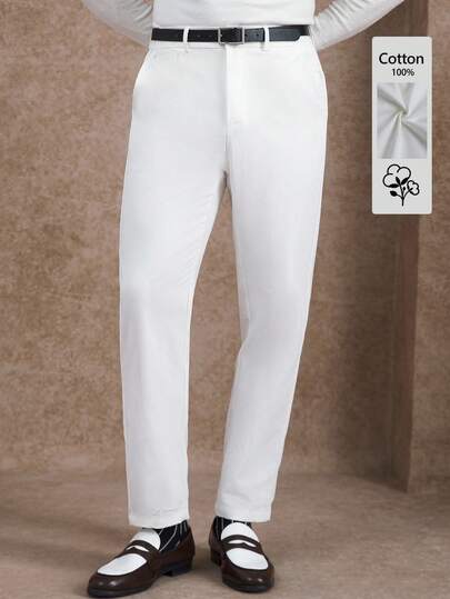 Core Aspect Men Pure Cotton White Tapered Suit Pants, Old Money Style, Casual And Simple Style, Urban Light Mature Style, British Business Style, For Going Out, Dating, Commuting And Daily Wear, Straight-Leg Slim Fit, Essential Item,Men Solid Color Cotton Straight Leg Casual Pants With Pockets, Suitable For Commuting, Fall