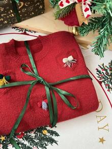 DAZY 女童圆领套头毛衣，适合秋季、新年和圣诞节穿着。 - 紅色 - 查看 3