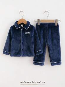 Cozy Pixies 2pcs Baby Boys Autumn/Winter Navy Blue Contrast Trim Thermal Lined Turndown Collar Cardigan And Elastic Waist Loose Pants Set Baby Boys Pajama Sapphire Suit For Baby Boy Baby Boy Jacket Set Navy Blue Baby Boy Outfit Toddler 2 Piece Winter Fur Clothing - Royal Blue - View 1