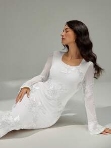 Modelyn Váy dài vừa phải co giãn vải jacquard thanh lịch thời trang dành cho nữ - trắng - Xem 2